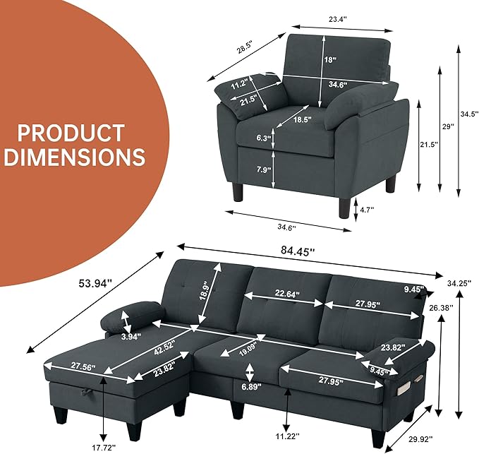 2 Piece Sectional Sofa Set, 3 Seat L Shaped Couches