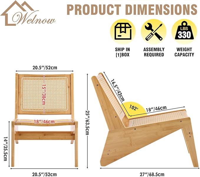 Welnow 2-Pcs Mid Century Rattan Accent Chair, Bamboo Wood Lounge Chair