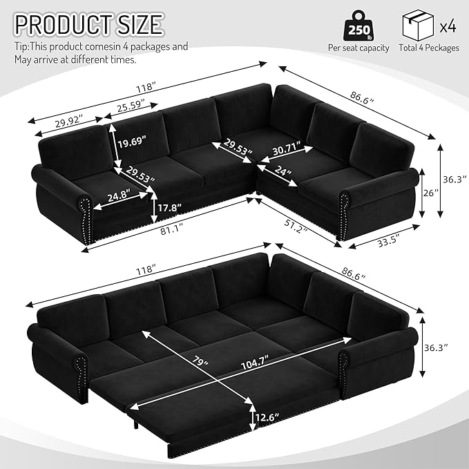 118" L-Shaped Sleeper Couch Bed