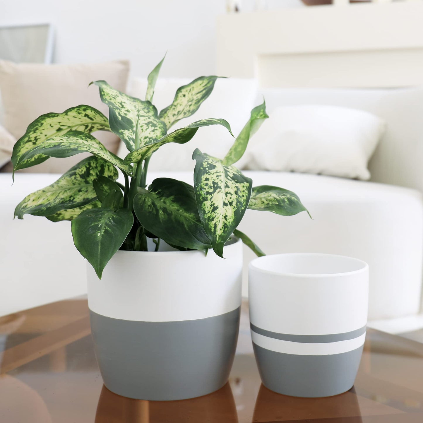 LA JOLIE MUSE Ceramic Flower Pots for Indoor, Plant Pot Plants Planter Set of 2, 6.1 + 5.1 Inch Home Decor Gift, White & Gray