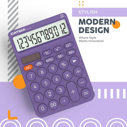 CATIGA 12 Digit Desktop Calculator Basic Desk Calculator with Large LCD Display, Big Buttons, 4 Function, Solar and Battery Dual Power, for Office, School, Home, SD-1292 Purple