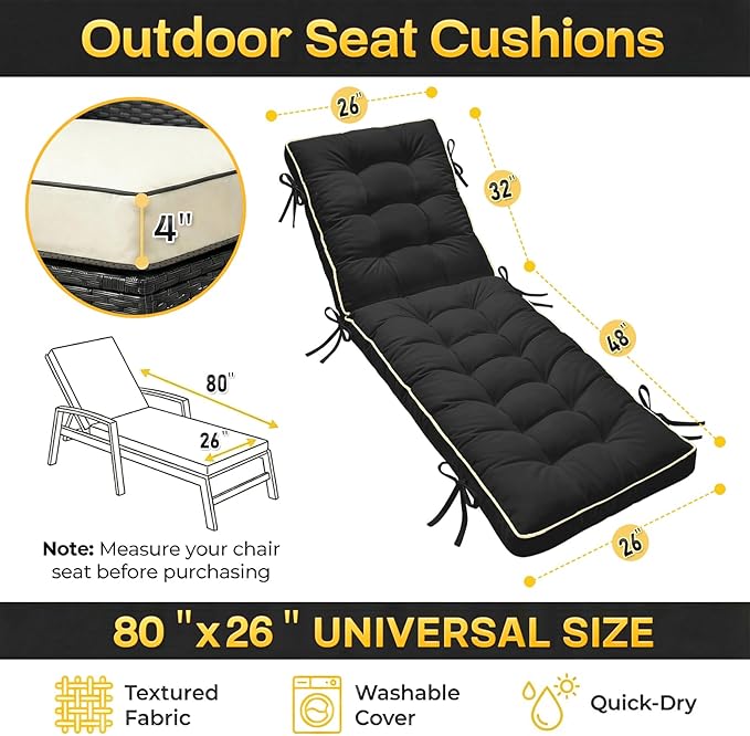 2 Pack 80x26 Inch Folding Chaise Lounge Cushion Quick Dry