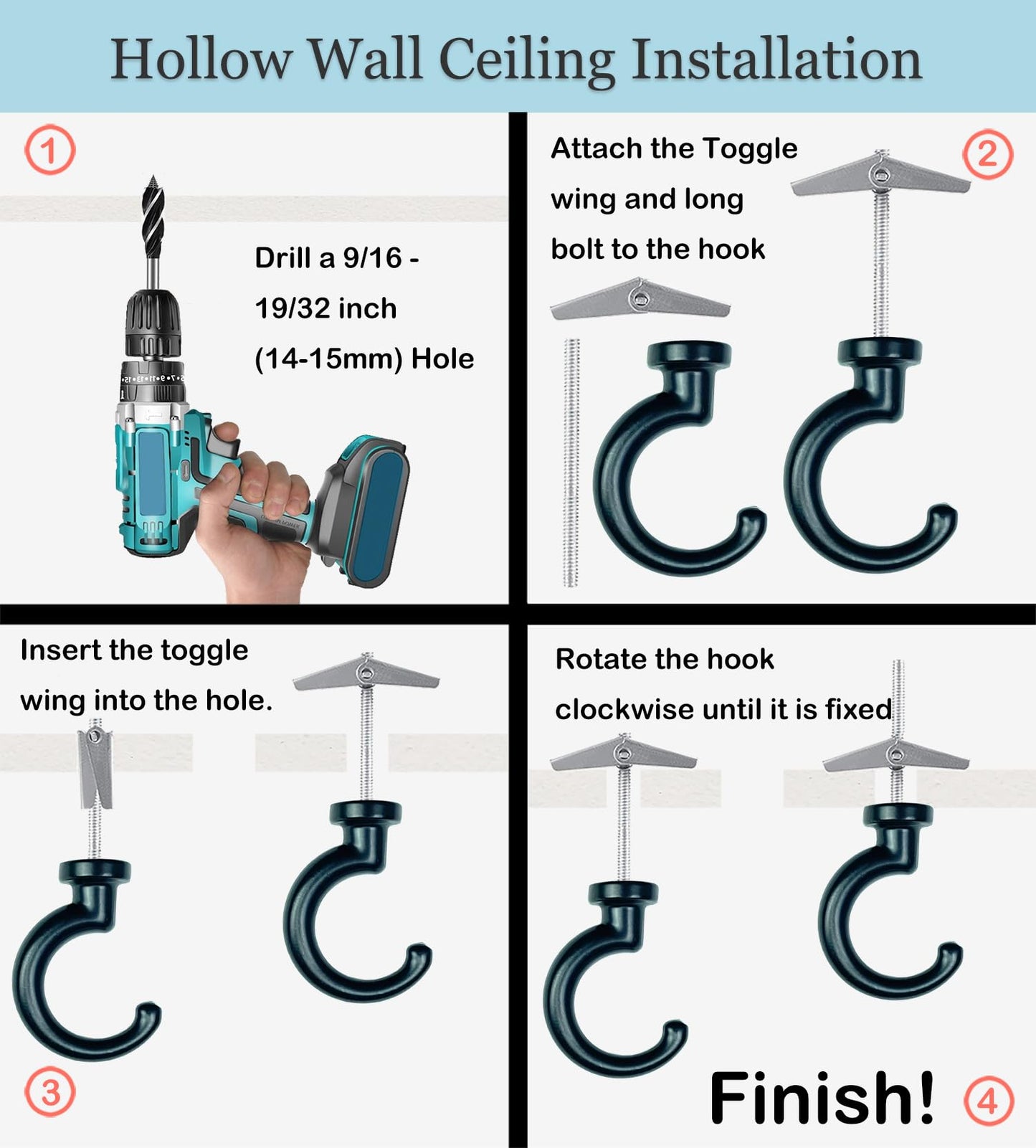 OBSTKUCHEN Large Swag Ceiling Hooks Heavy Duty Swag Hook with Hardware for Hanging Plants Ceiling Installation Cavity Wall Fixing (4 Sets, Black)