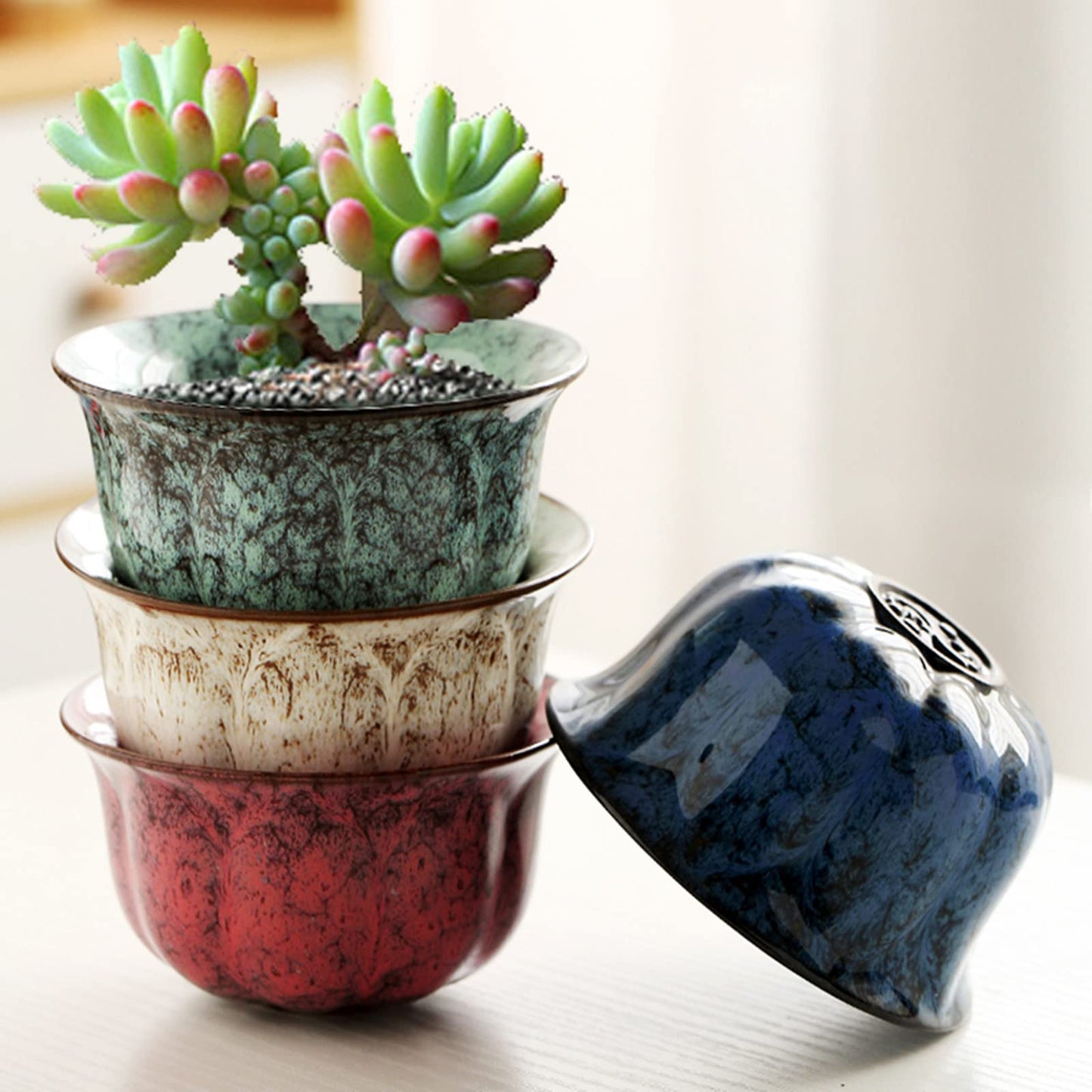 Ceramic Succulent Planter Pot with Drainage Planting Pot Flower Pots Small Planter Pots Flowing Glaze Base Serial Set with Holes