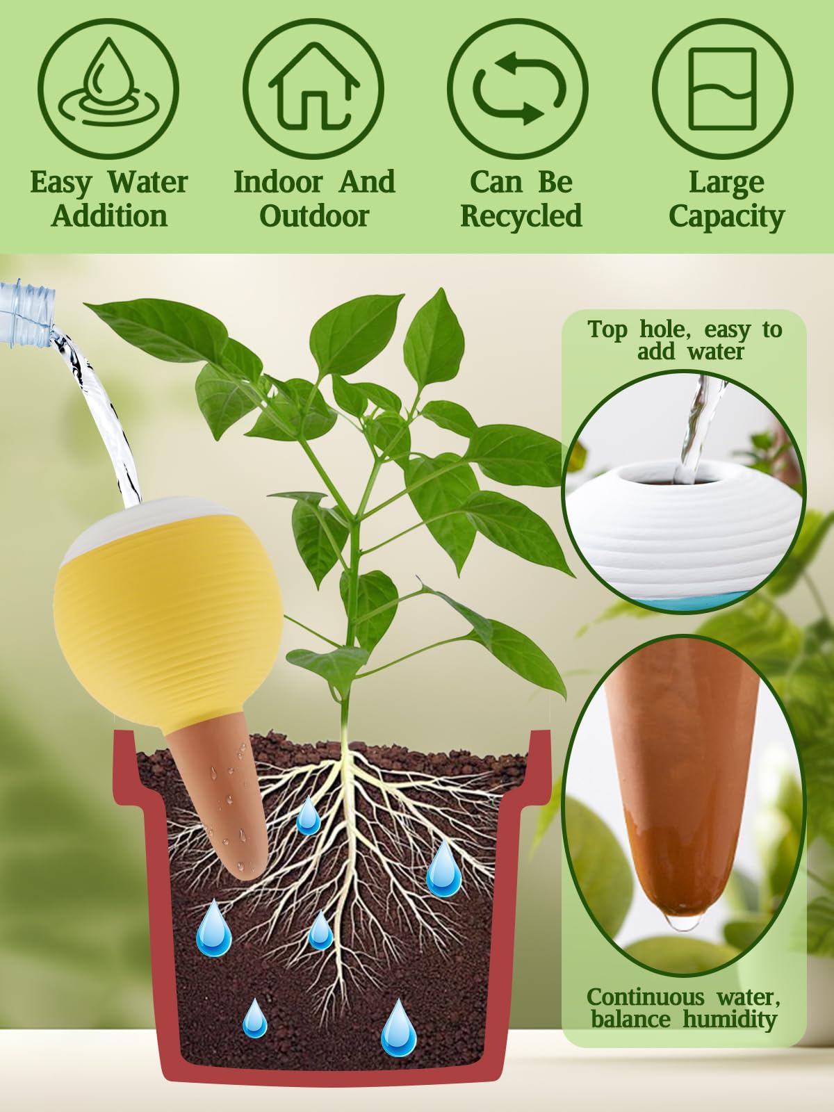4Pcs Plant Watering Globes, Kalolary Large Terracotta Automatic Watering Stake Devices with Wooden Stopper for Pots, Planters, Indoor, Outdoor