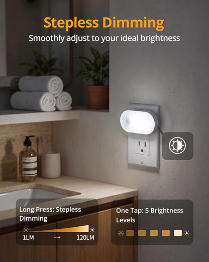 Lyridz 120LM Ultra Bright Plug-in Motion Sensor Night Light, Stepless Dimmable LED Nightlight, Always-On and Auto-Off, for Hallway, Stairs, Bathroom, Bedroom, Garage, Cool White (2-Pack)