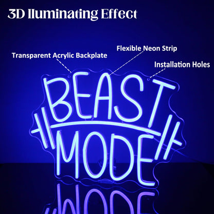 CKTBLEY Beast Mode Neon Sign Blue Letter Neon Gym Signs Motivational Wall Art Gym Decor Barbell LED Neon Lights Signs Dumbbell Neon Light for Bedroom Gym Sports Room Man Cave Decor