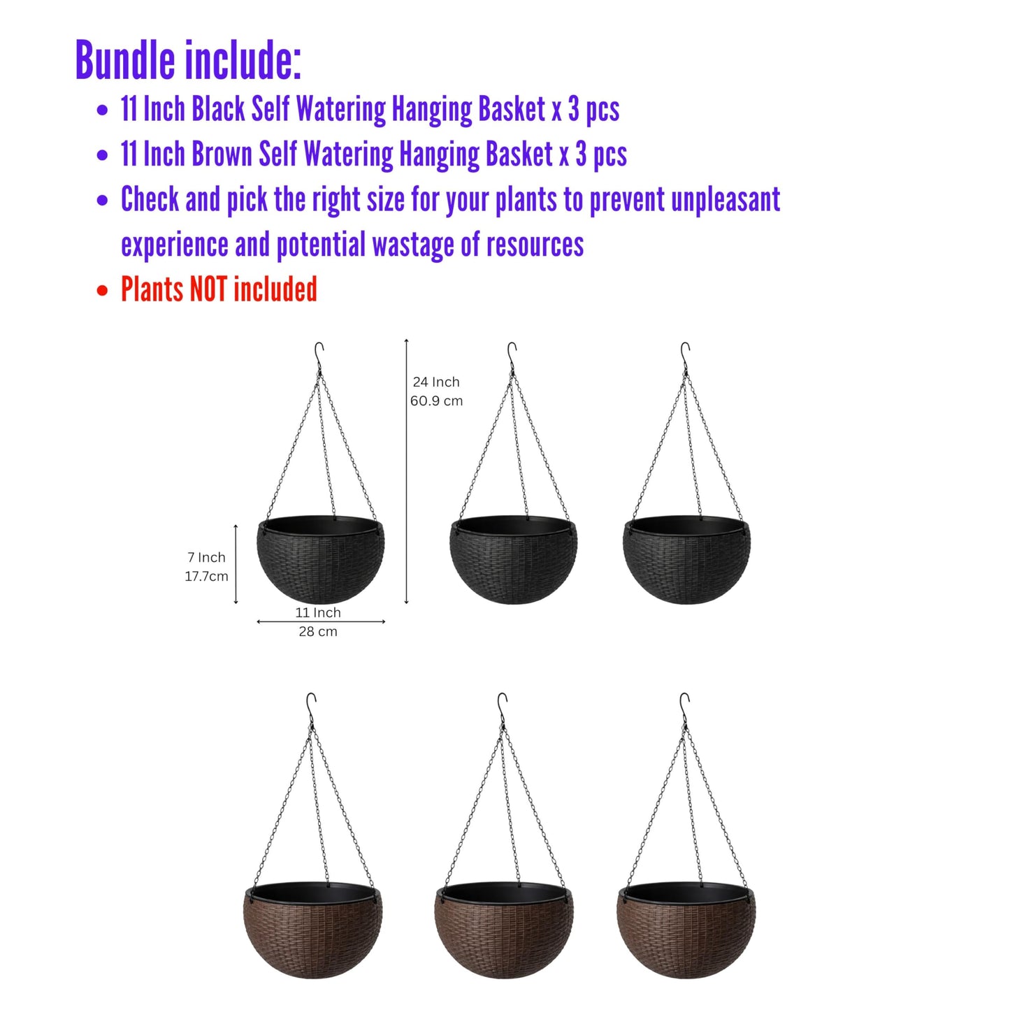 LaLaGreen Bundle- 3 Pack, 11 Black + 3 Pack, 11 Inch Brown Self Watering Hanging Plastic Basket Rattan Style Round Plant Flower Pots with Water Level Indicator Balcony Porch Modern Indoor Garden Decor