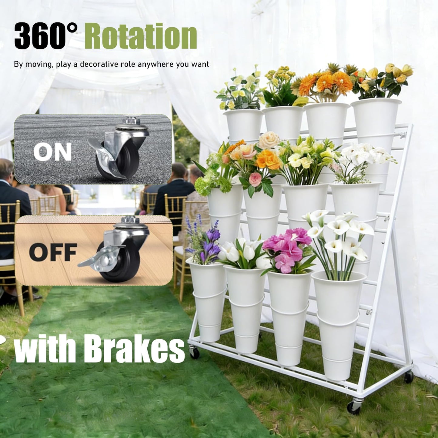 Flower Display Stands With Buckets, With 12pcs Buckets, 3-Tier Rolling Flower Bar,Heavy Duty Metal Flower Cart,For Indoor/Outdoor Use, Wedding Decor & Florist Displays (A - White frame, white bucket)