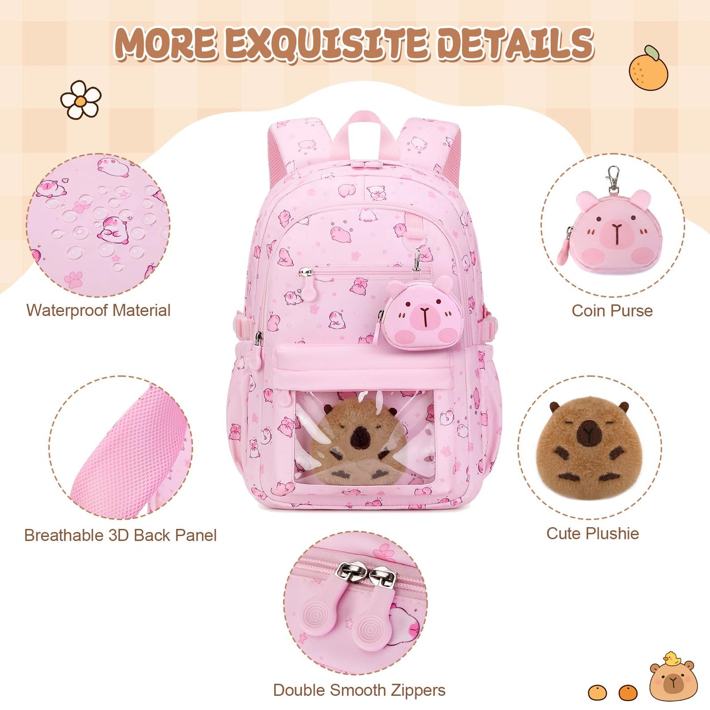 Similove Capybara Theme Backpack for School Girls, 35PCS Kids Backpack Set with School Supplies Stationery Kit Lunch Box Pencil Case, Cute Girls Bookbag for Kindergarten Elementary Student
