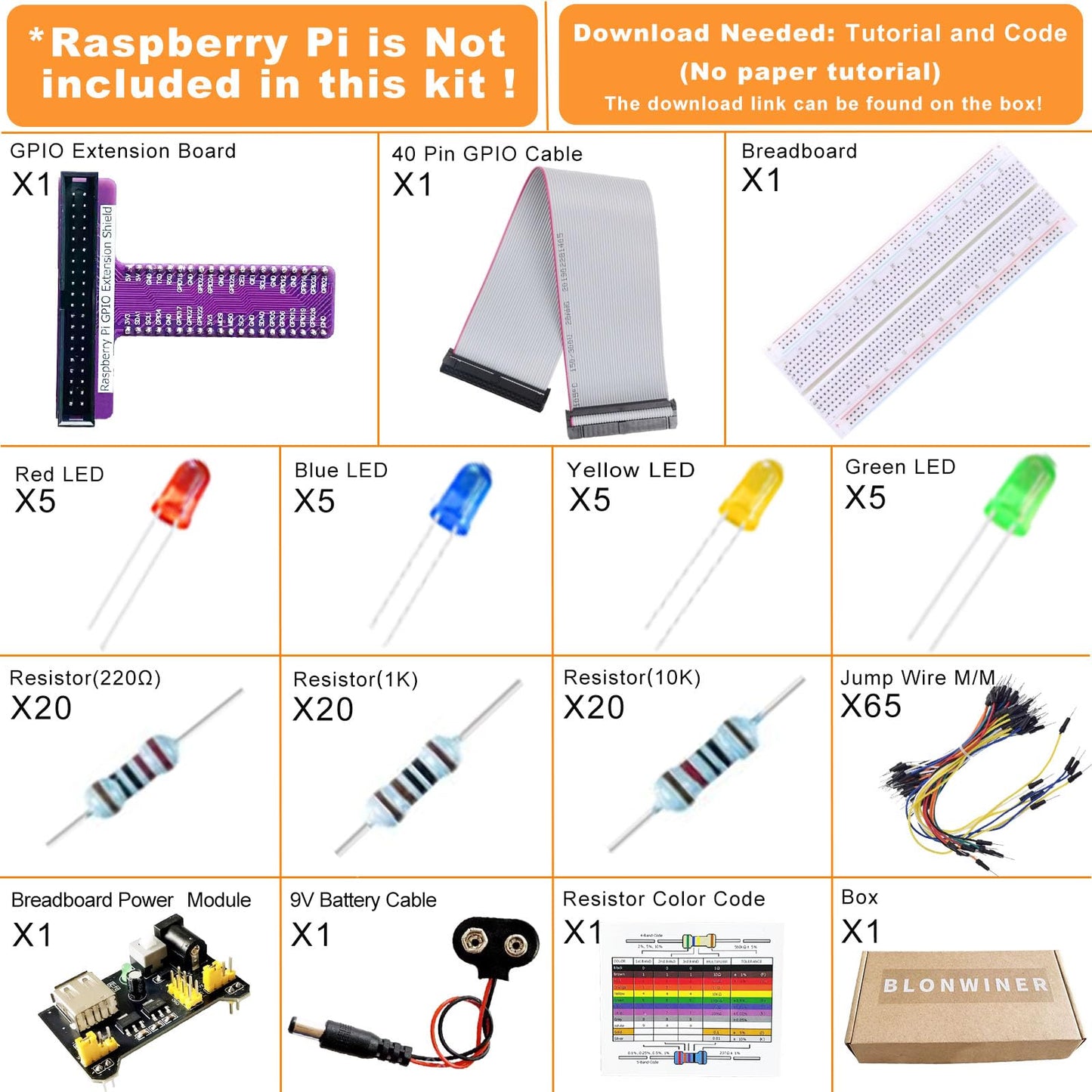 RPi GPIO Breakout Expansion Kit for Raspberry Pi 4B 3B+ 3B 2B B+ with 830 Tie Points Solderless Breadboard, 40pin GPIO Flat Ribbon Cable, 65pcs Jumper Wire (Without RPi Board)