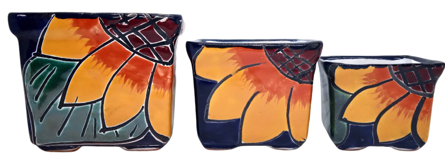 MEXTEQUIL Talavera Hand-Painted Flower Pots (Set of 3) - 2.8" Sunflower Design - Authentic Mexican Pottery Planters for Succulents