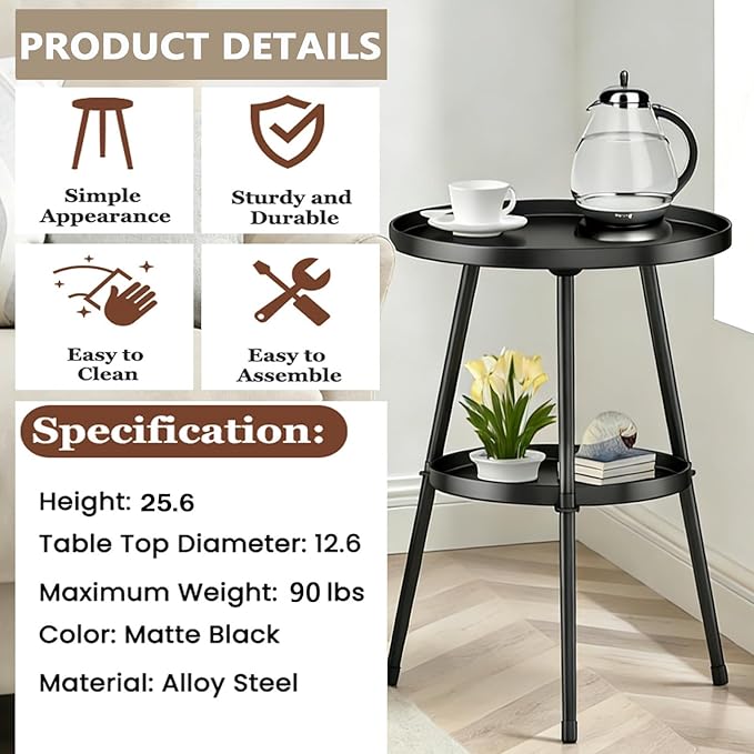 Side Table 2-Tier Small Round End Table Metal Black Accent Table