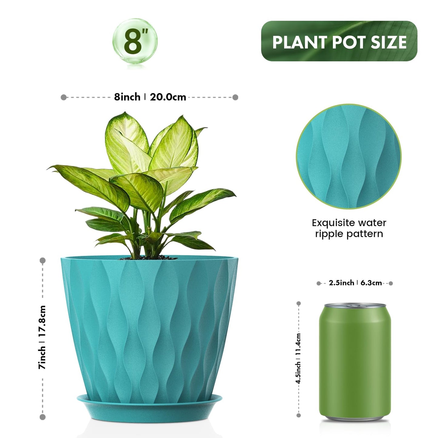 UOUZ 8 Inch Plant Pots, 4 Pack Plastic Planters for Indoor Outdoor with Drainage Holes & Saucers, Waffle Texture Flower Pots for Indoor Plants, Indoor Plant Pots for Monstera, Fiddle Leaf Fig Blue