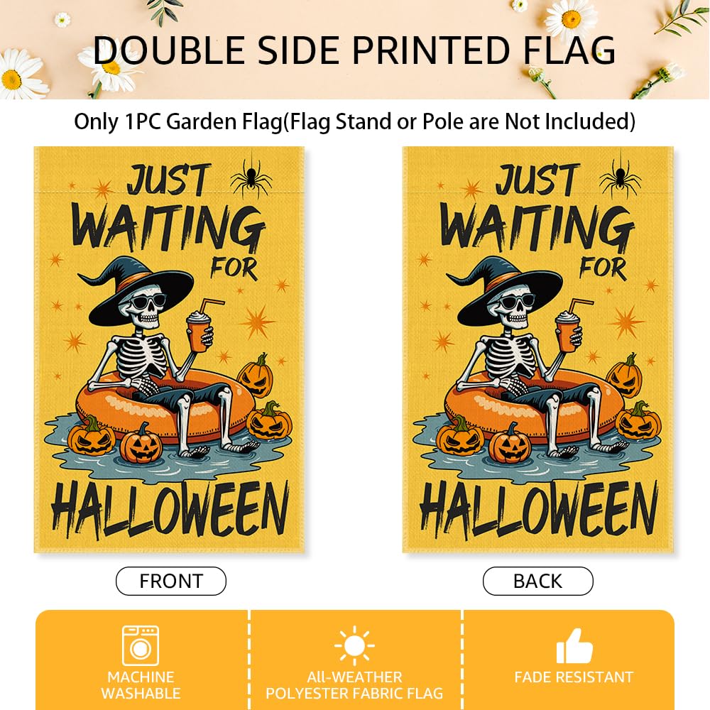 SRWNFOS Just Waiting For Halloween Welcome Garden Flag, 12x18 Inch Double Sided Yard Holiday Party Farmhouse Porch Lawn Outside Decor, Funny Halloween Pumpkin Garden Flag, Gifts for Friend Family