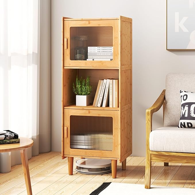 Giantex Bamboo Storage Cabinet, 3-Cube Bookcase, Freestanding Liquor Display