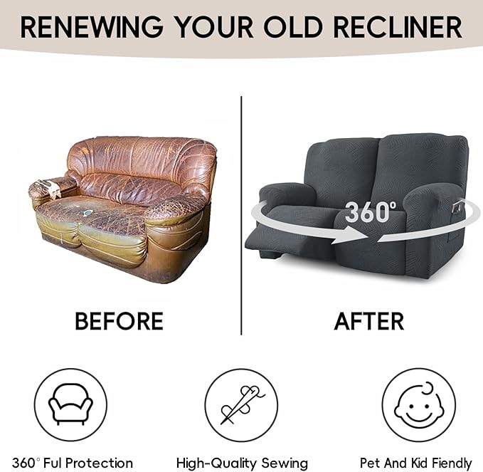 Recliner Loveseat Covers, 4-Piece Stretch Geometric Strokes Jacquard Reclining