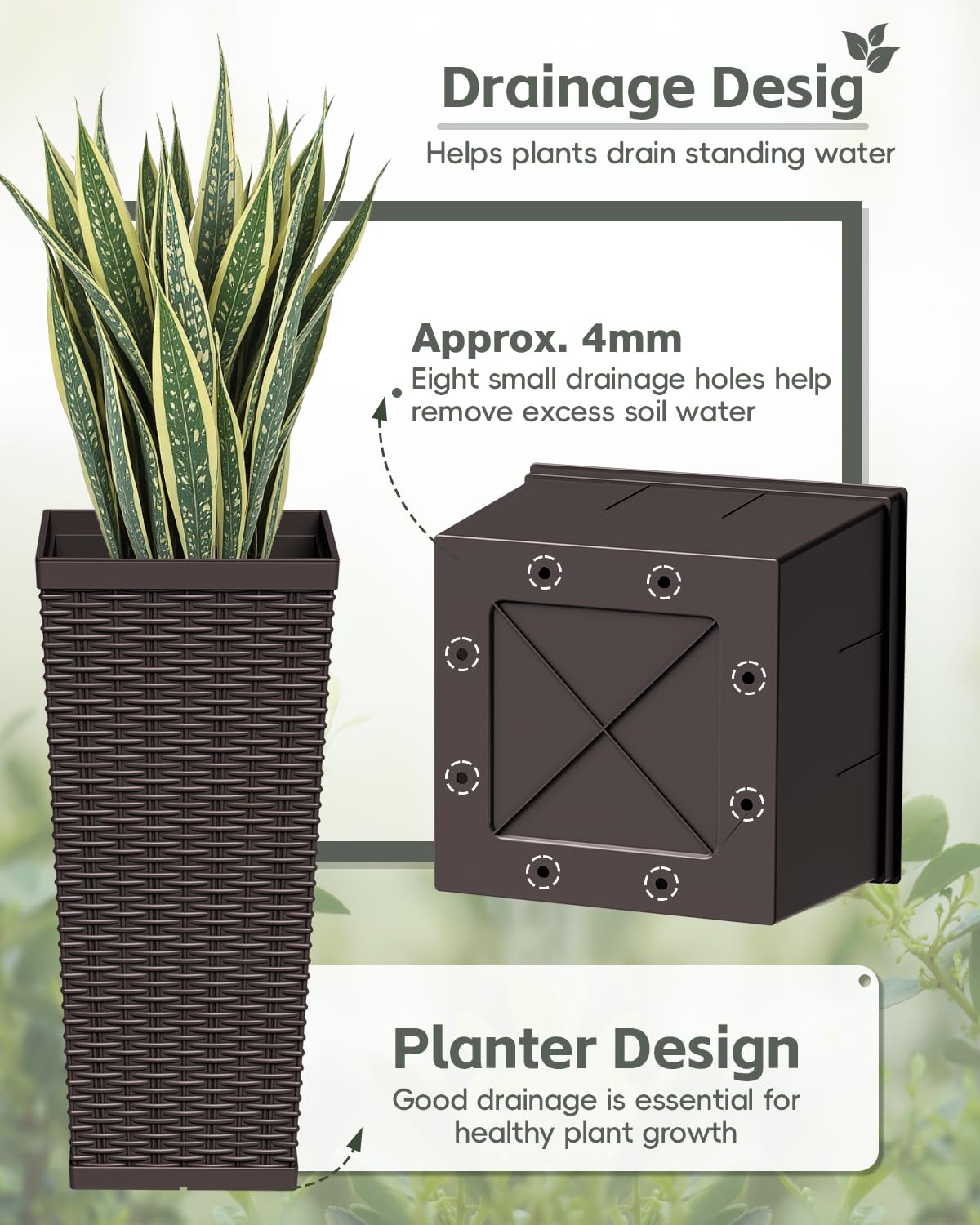 Greesum 23 Inch Tall Plastic Planters (Set of 2), Large Outdoor Flower Pots with Detachable Inner Pot & Drainage Holes for Plants, Trees, Patio, and Garden, Brown