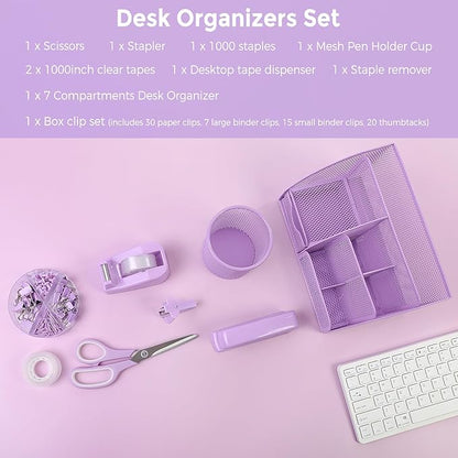 SKYDUE Purple Office Supplies, Purple Desk Organizer for Kids, Mesh Desk Organizer, Stapler, Tape Dispenser, Scissors, Binder/Paper Clips and 1000pcs Staples, Girls Desk Accessories