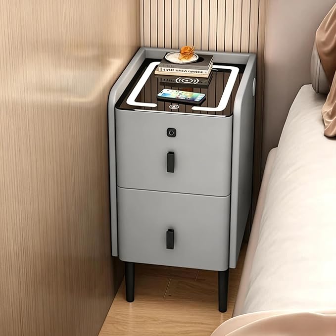 Smart Nightstand with Fingerprint Lock Drawers, Wireless Charging Support