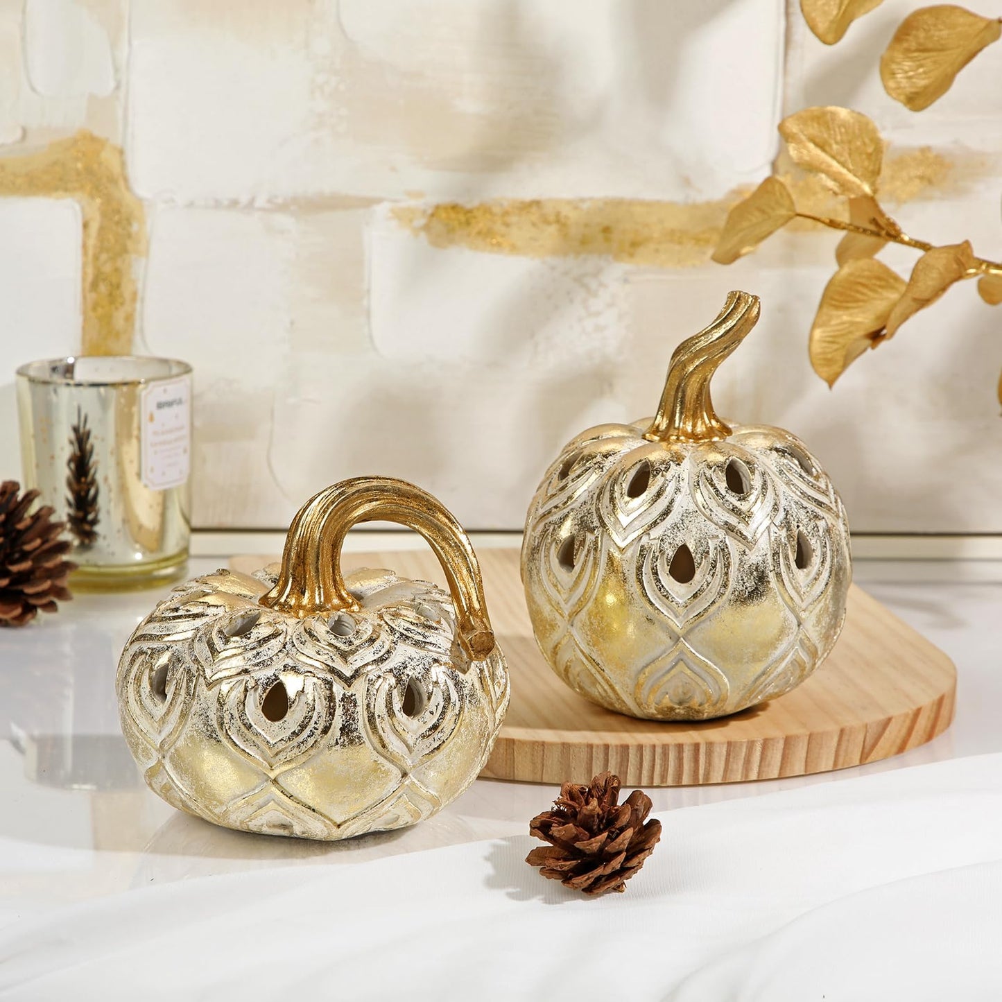 Hollyone Fall Pumpkin Decor 2 PCS Champagne Gold Resin Pumpkins Figurines Fake Pumpkins Faux Pumpkins Rustic Farmhouse Centerpiece for Thanksgiving Harvest Halloween Autumn Fall Decorations for Home