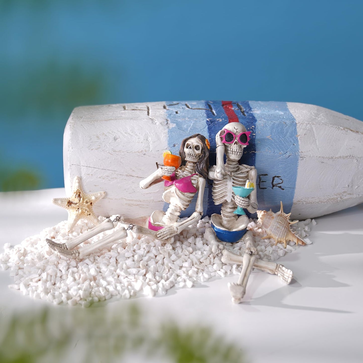 Summer Decorations Halloween Skeleton Statue - Collectible Figurines Summerween Couple with Dangling Leg Bikini Sunglass 7.5H in Perfect for Coastal Tropical Ocean Beach Pool Decor Newman House Studio