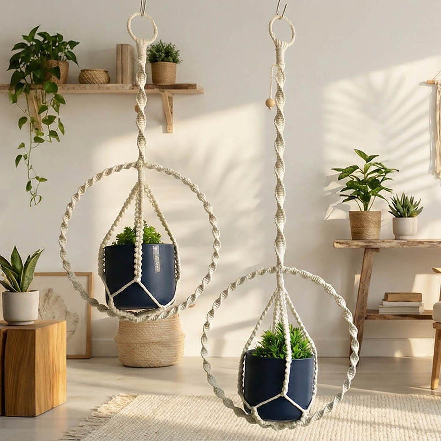 Macravine 2-Pack Plant Hanger with, Handcraft Planter Holder, Boho Chic Handmade Pot Holder for Home/Window Decoration, 2 Sizes 11.8"*23.6", 11.8" *31.5", Beige (No Pot and Plant Included)