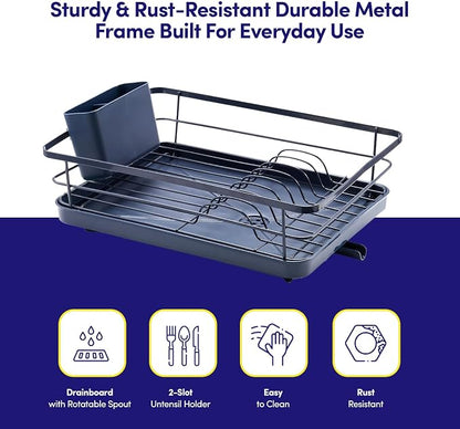 Dish Drying Rack 3 Piece Dish Drainer with Drainboard Set for Kitchen Counter – Dish Rack with Removable Utensil Holder & Swivel Spout for Countertop – DishRack for Plates, Cups & More, Navy