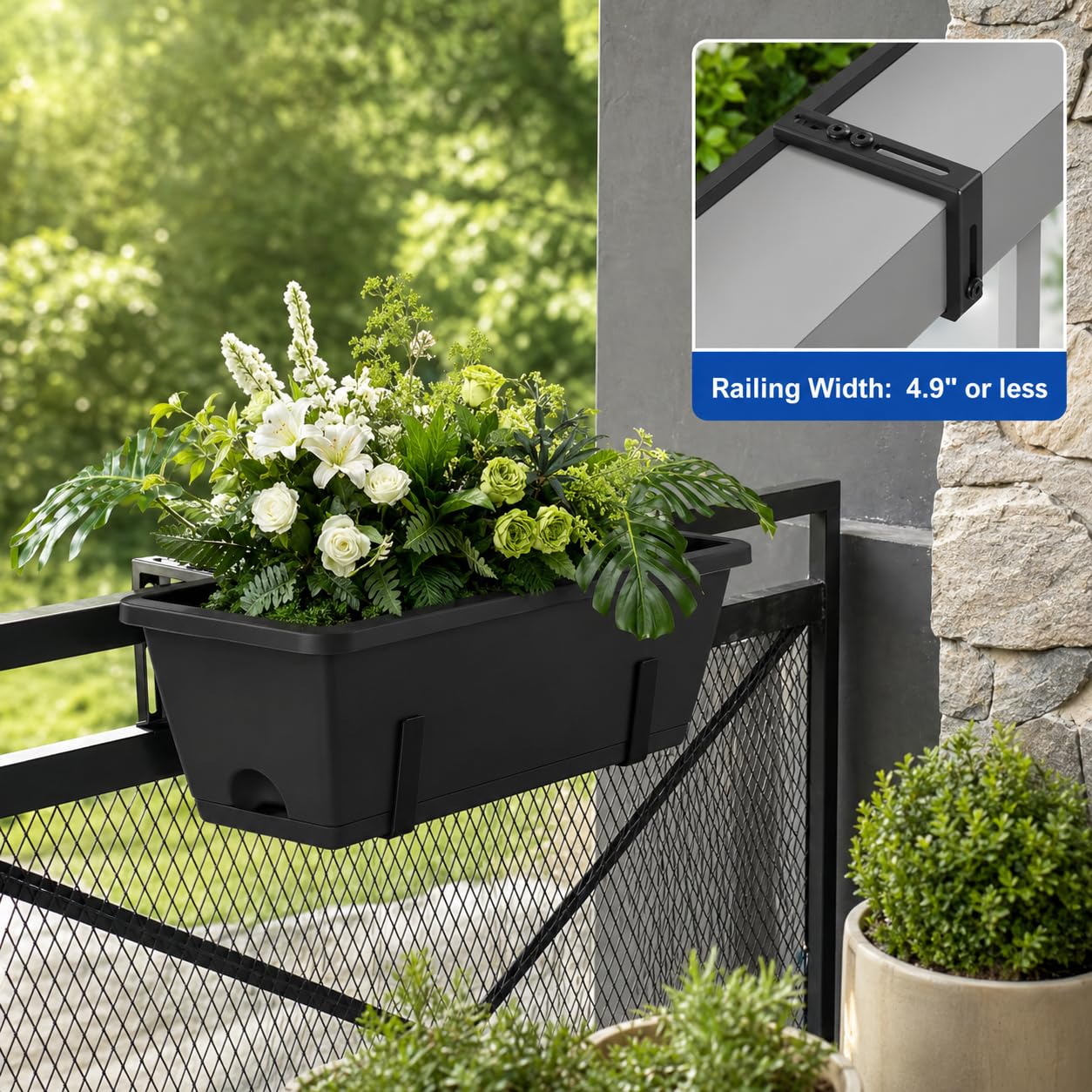 CADUKE Railing Planter Box 4 Pack Window Boxes Planter with Adjustable Brackets 16.9 Inches Deck Railing Hanging Flower Boxes Black Balcony Planters Fence Hanging Planters for Outdoor