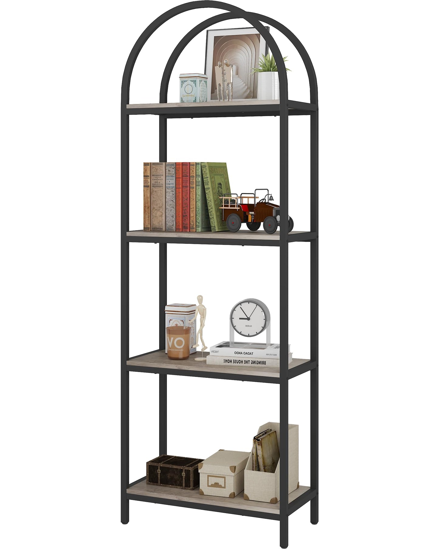Yusong Bookshelf 4 Tier Arched Bookcase, 71.3" Tall Industrial Open Book Shelves for Living Room, Modern Freestanding Display Shelving Storage Rack Metal Frame, Office, Bedroom, Grey