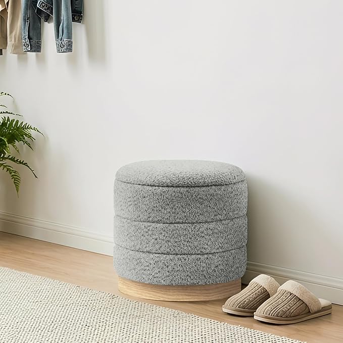 Round Storage Ottoman with Reversible Tray Lid, Folding Chenille Fabric