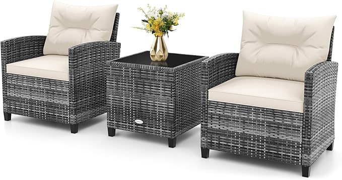 HAPPYGRILL 3 Pieces Patio Conversation Set PE Rattan Outdoor Furniture Sofa Set