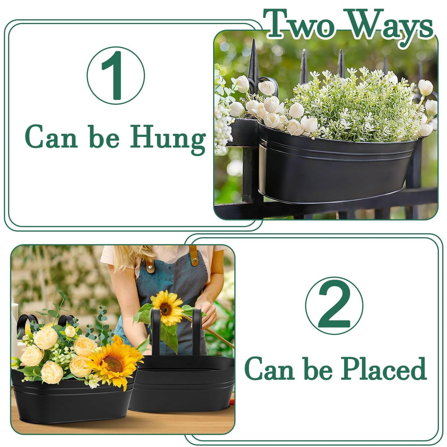 MICOKAY 3 PCS Deck Planters for Railing, 16 Inch Porch Railing Planters with Detachable Hooks and Drain Holes, Oval Hanging Flower Pots for Fence Garden, Black Metal Outdoor Planter Boxes