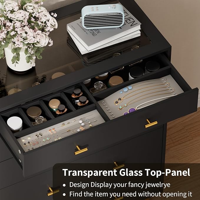 Drawer Dresser with LED Lights, 30.7" W x 39" H Tall Tempered Glass Top Dresser