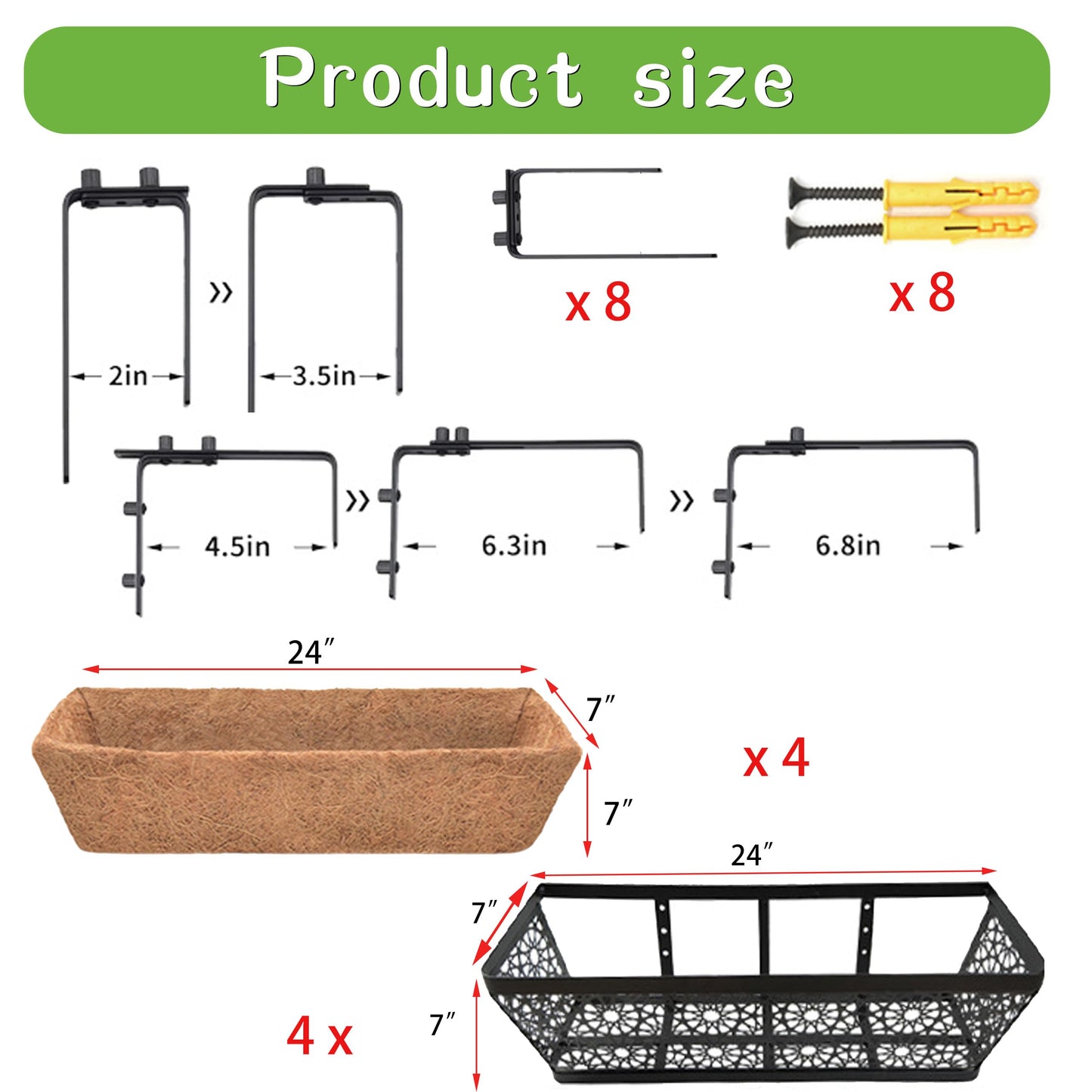 EIMQUVW 4 Pack 24" Railing Planter Window Box Deck Balcony Rail Planter Black Metal Flower Basket Horse Trough Planter with Coco Fiber Liner for Porch Fence Patio Outdoor