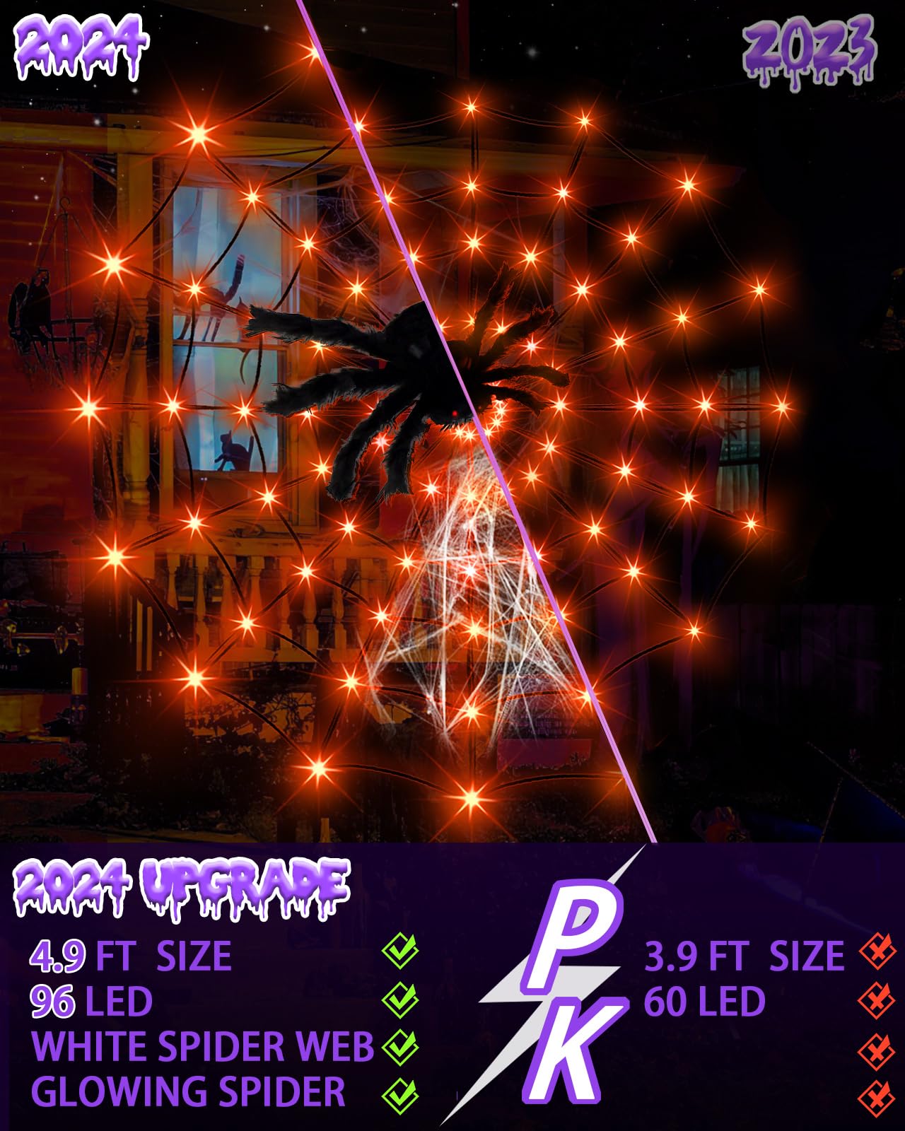 Halloween Decorations Spider Web Lights String Lights for Home, 4.9FT 96LED Waterproof Plugin Net Lights with 8 Modes & Timer, Light Up for Party Indoor Outdoor Garden Yard Haunted House(Orange)