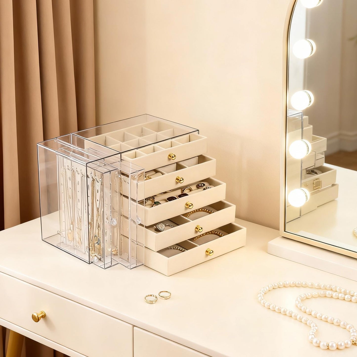 Greenfeather Jewelry Organizer and Storage with 7 Removable Drawers, Clear Acrylic Jewelry Box with 16 Necklace Hooks 48 Pairs of Earring Holes 5 Velvet-Lined Drawers for Rings Bracelets Necklaces