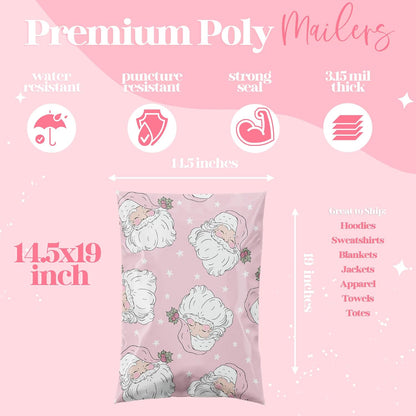 14.5x19 Designer Christmas Holiday Poly Mailers 100 Pack Heavy Duty Waterproof Self Seal Shipping Bags Large Mailing Envelopes Bulk Tear Resistant Cute Packaging Pink Santa