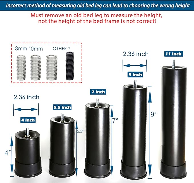 11 Inch Metal Adjustable Bed Base Frame Leg Replacement Heavy Duty Extra Height