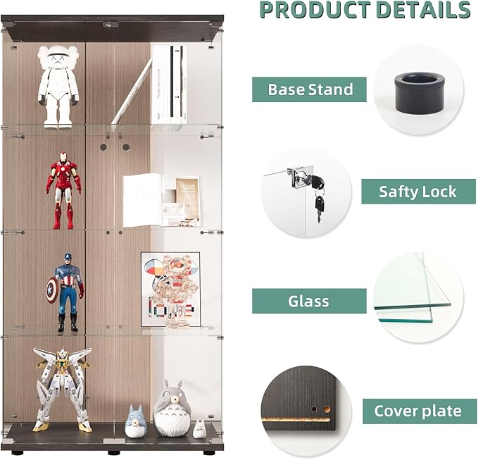 Display Cabinet with Glass Door and Lock, 4-Shelf Curio Cabinets with 5mm