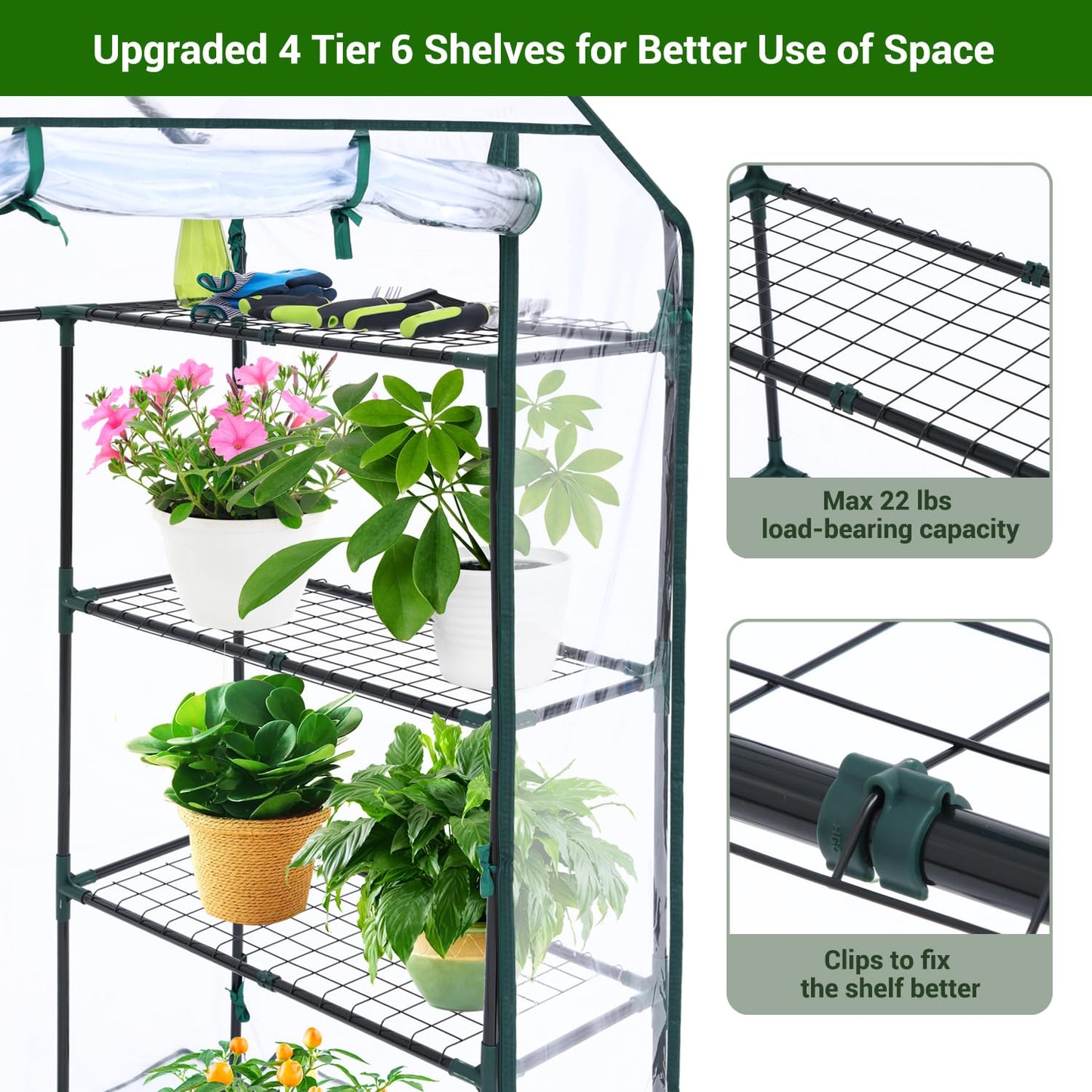 Ohuhu Small Greenhouse for Outdoors: 4 Tiers 6 Shelves Walk-in Indoor Green House Heavy Duty Plant Stands Reinforced Plastic PVC Cover Mini Portable Warm House for Outside, 4.8x2.5x6.4 FT