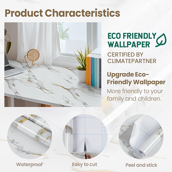 practicalWs Glossy Marble Wallpaper Peel and Stick White/Gold Granite Contact