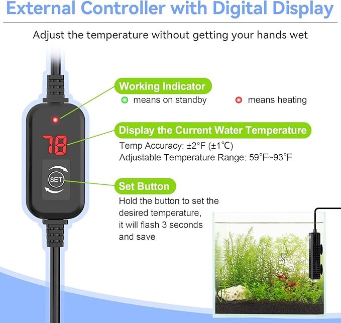 hygger Nano Submersible Aquarium Heater for 10-15 Gallon Fish Tank Betta Heater with Digital Display, Adjustable Temperature Controller 75Watt