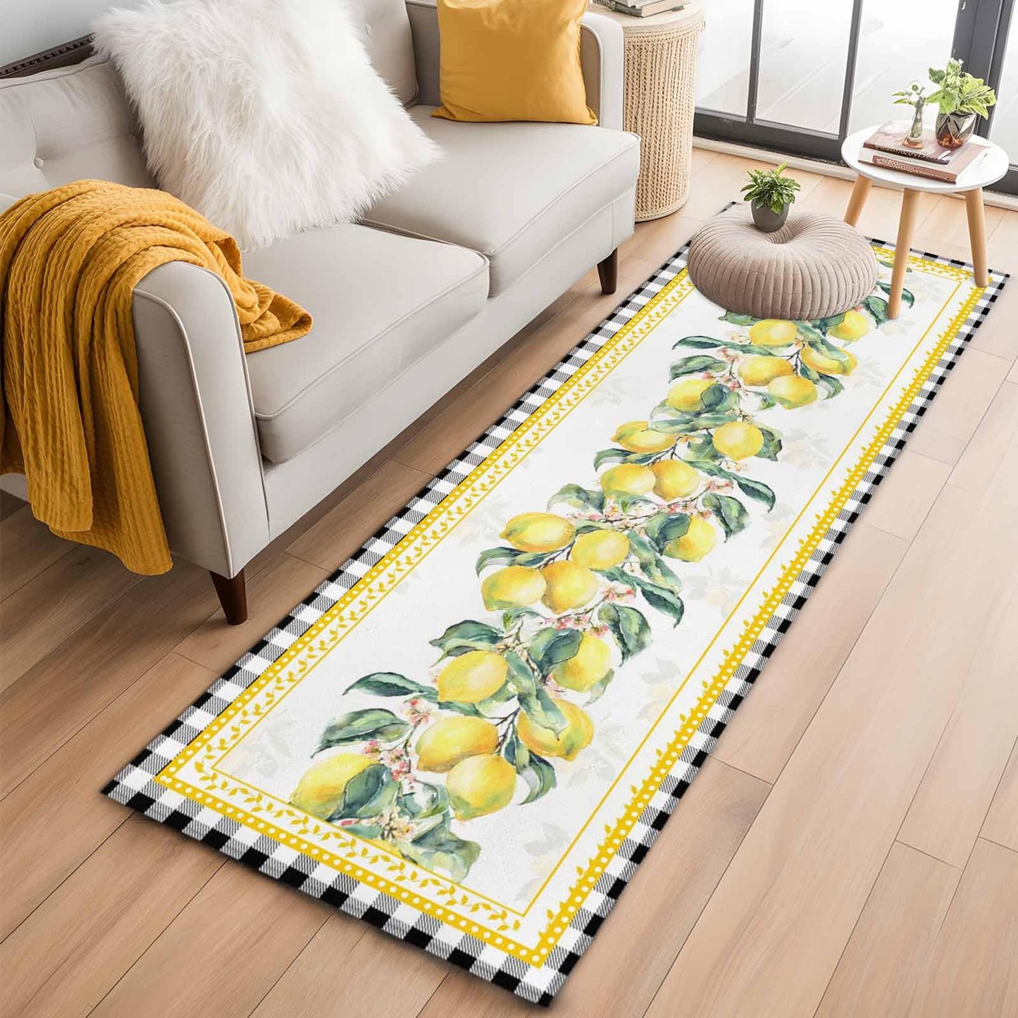 2'x6' Runner Rug, Yellow Lemon Washable Non-Slip Area Rugs for Hallway Kitchen Floor Bedroom Entryway, Summer Botanical Black White Plaid Pastoral StainResistant Laundry Carpet Decoration Indoor Mat