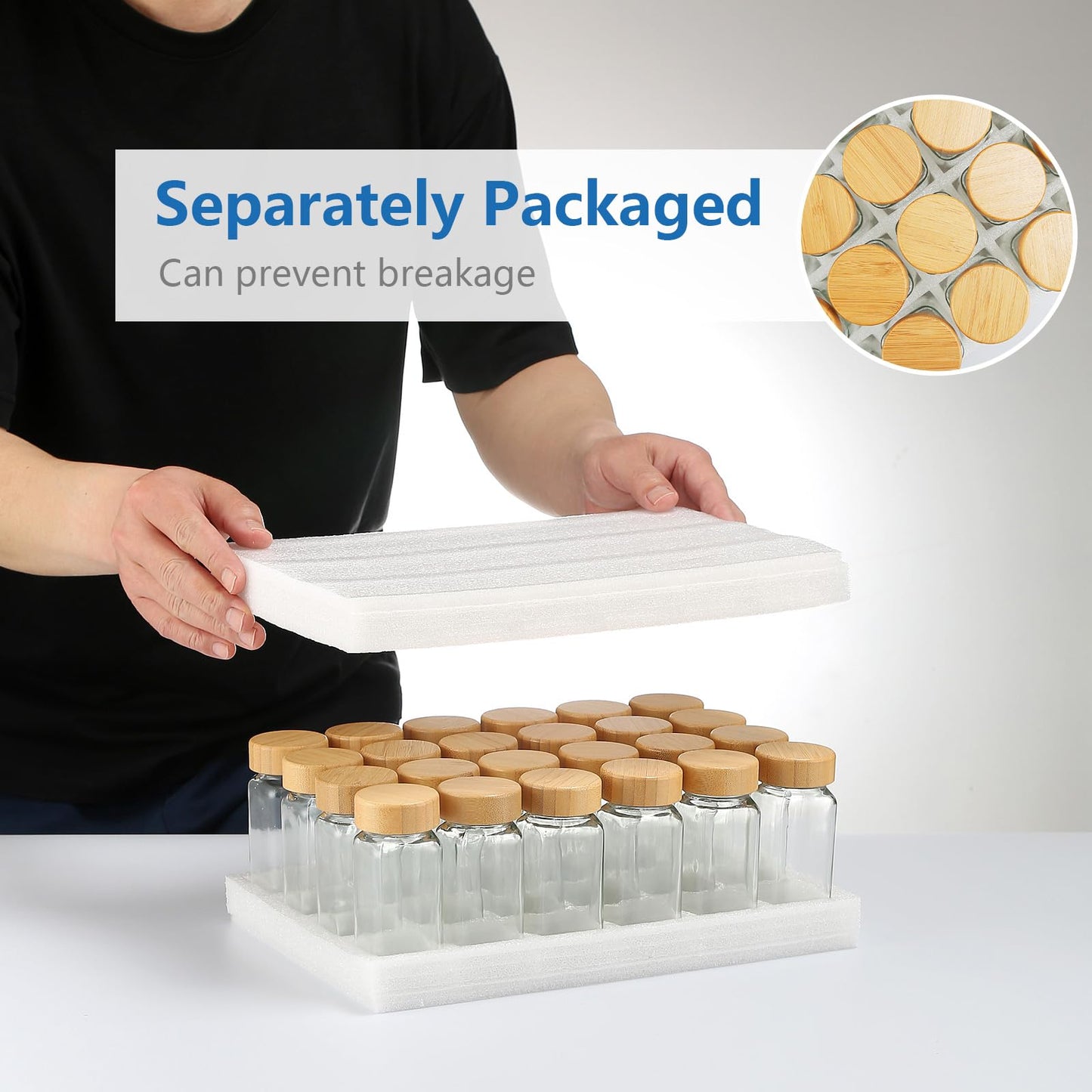 MYQYBRO 24Pcs Glass Spice Jars with Labels, 4oz Spice Containers with Bamboo Lids, Square Seasoning Containers Trial and Supplement Set for Spice Rack, Drawer, Cabinet