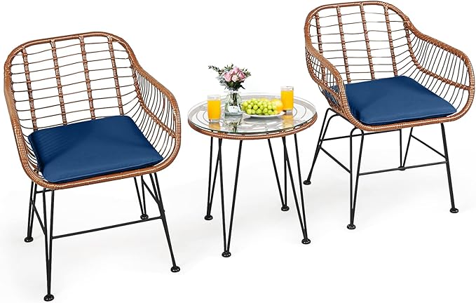 Tangkula 3 Pieces Patio Conversation Bistro Set, Outdoor Wicker Furniture