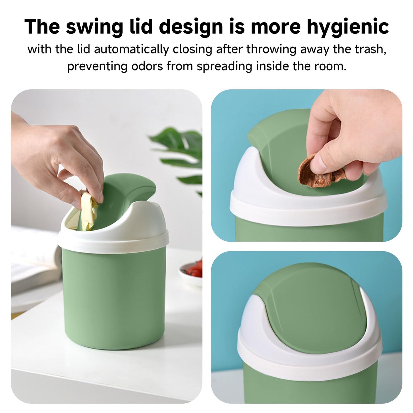 Desktop Mini Waste Can with Swing Lid, Stylish Lace Polka Dot Table Trash Bin Table Waste Paper Basket Round Small Trash Can for Office Bathroom Children Bedroom, Green
