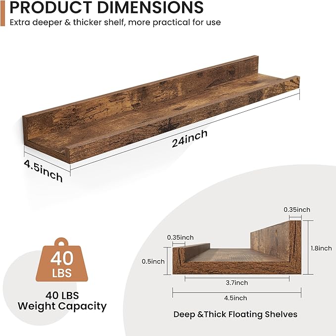 Fun Memories Picture Ledge Shelves Set of 2, 24 Inch Rustic Wall Mounted