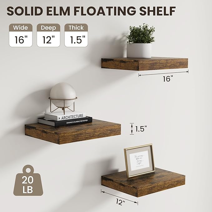 Dreamland Floating Shelves 16 inch, 2 Pack Rustic Wooden Wall Shelves, Wall