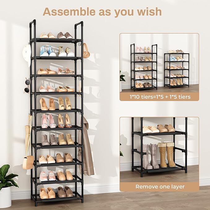 VTRIN 10 Tiers Tall Shoe Rack Holds 20-25 Pairs of Shoes Sturdy Vertical Shoe